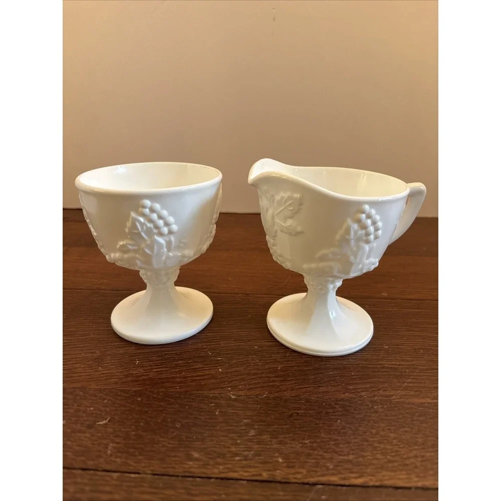 Vintage White Milk‎ Glass Grape Harvest Footed Creamer and Open Sugar Bowl Set